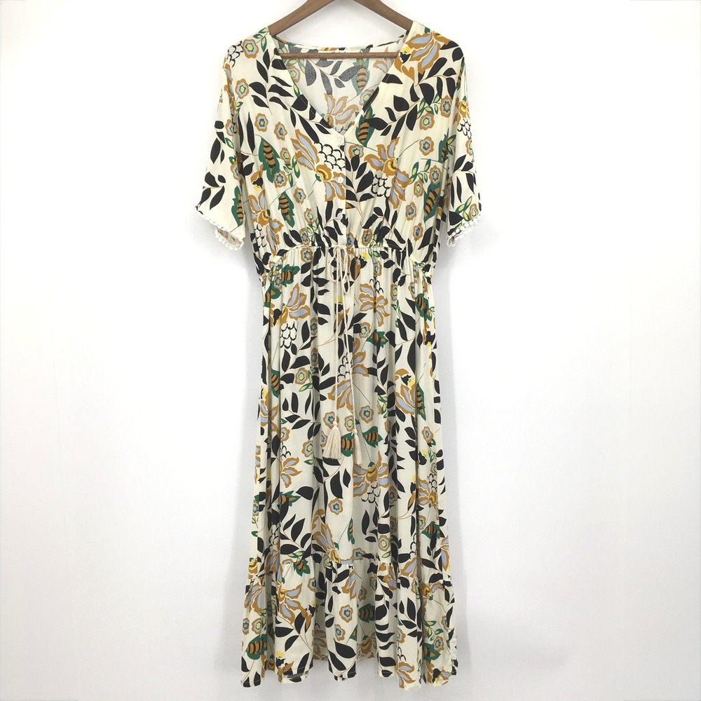Anthropologie Kindred Floral Maxi Dress Womens 1X Cream Cottage Long‎ Feminine